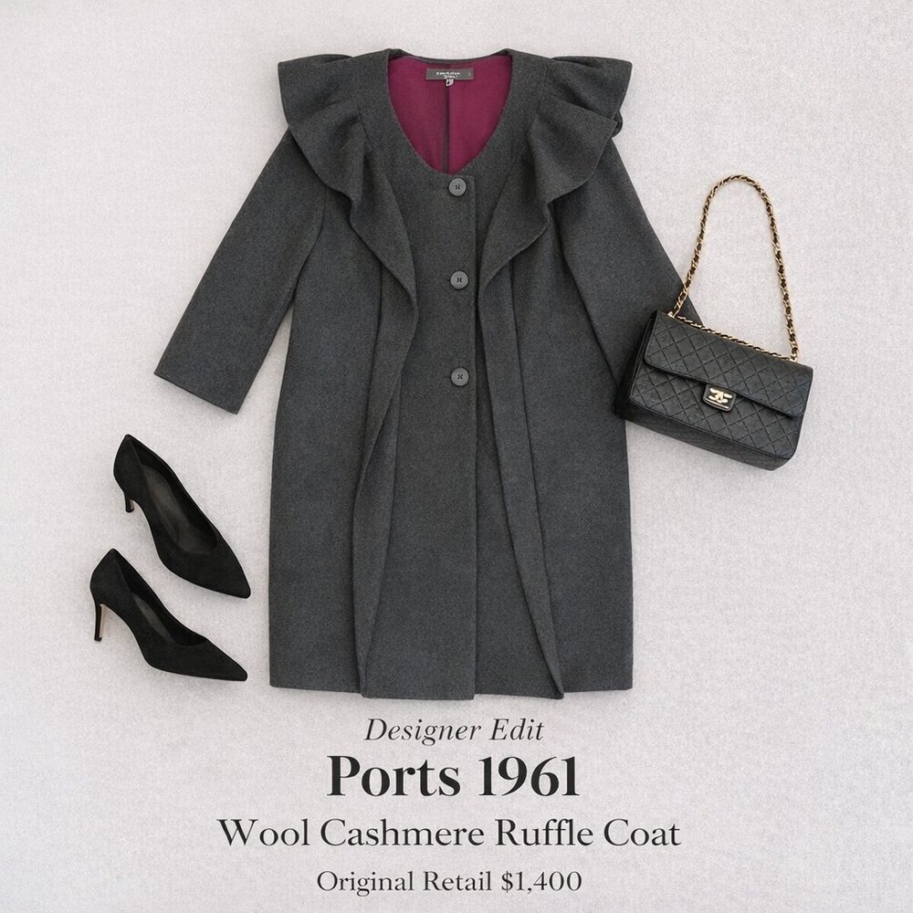 Vintage Ports 1961 Wool Cashmere Ruffle Coat Charcoal Gray Purple Sz 10 Designer